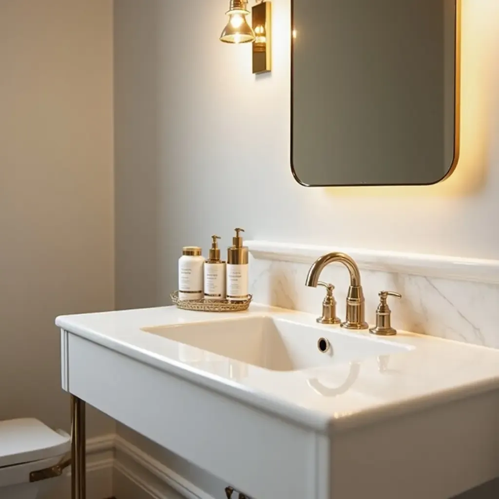 a photo of a bathroom with a chic vanity and luxurious skincare products displayed