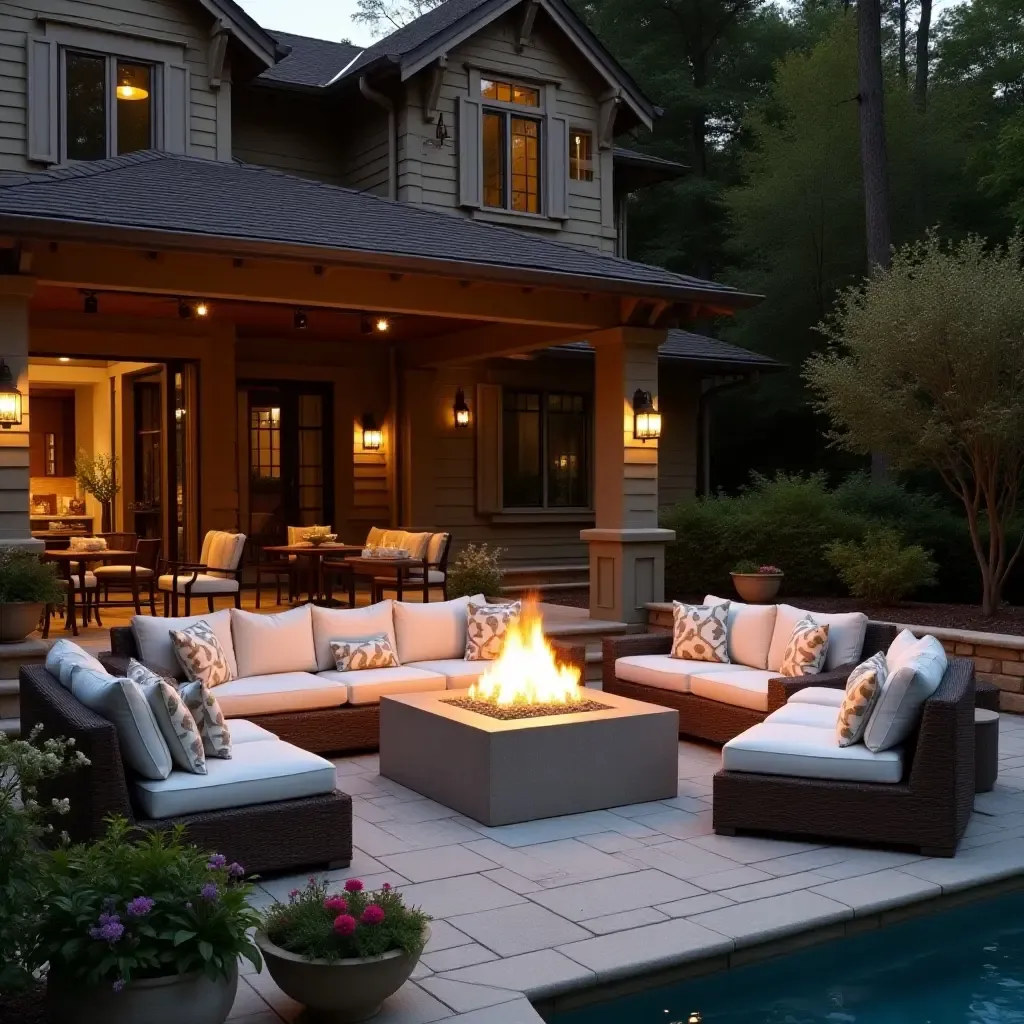 a photo of a luxurious outdoor patio with a fire pit and cozy seating