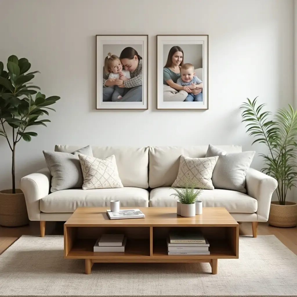 a photo of a living room featuring a wooden coffee table and family photos