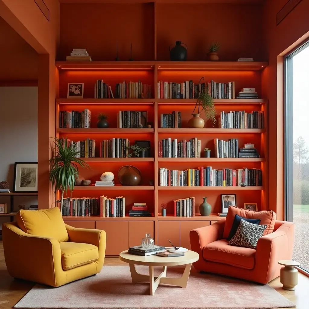 a photo of a contemporary library with geometric shelves and bold color pops