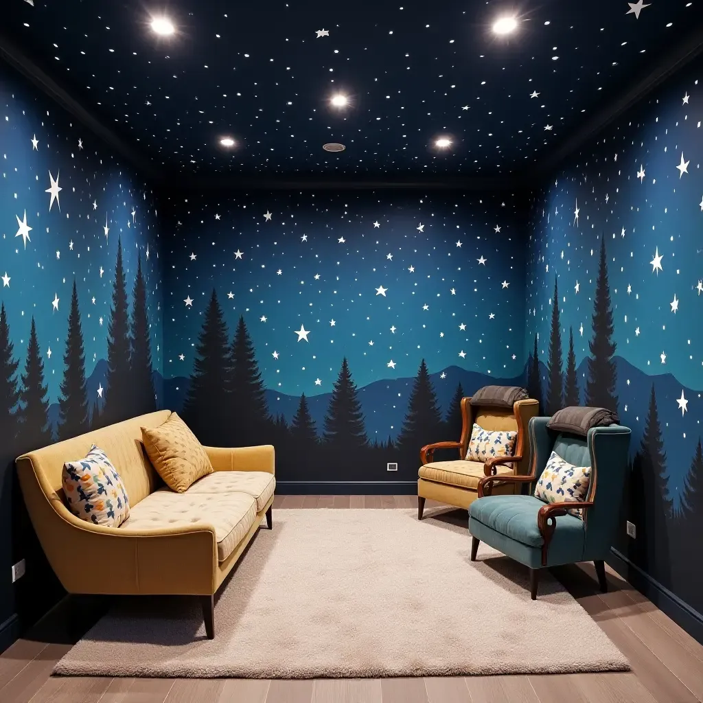 a photo of a basement featuring a whimsical mural of a starry night sky