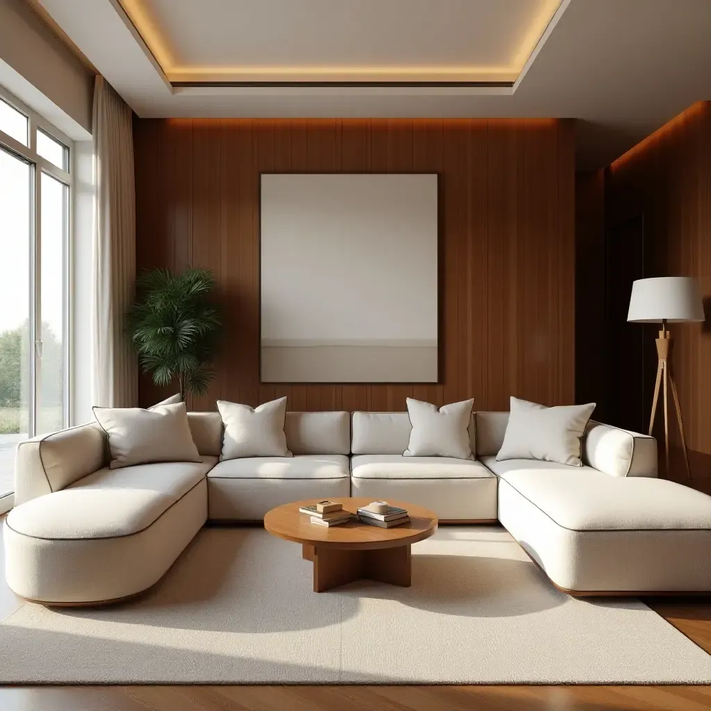 a photo of a cozy living room with rich mahogany and soft ivory