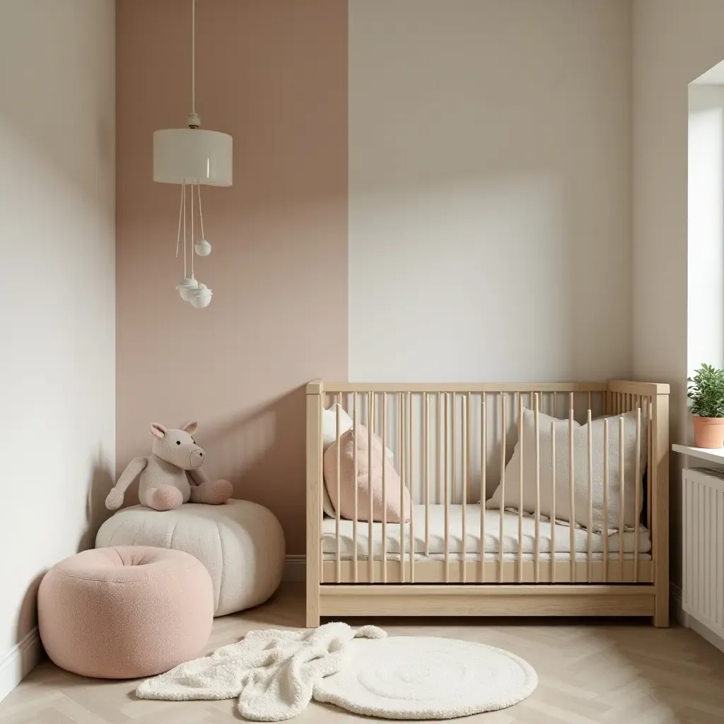 a photo of a nursery with a blend of soft fabrics and hard surfaces