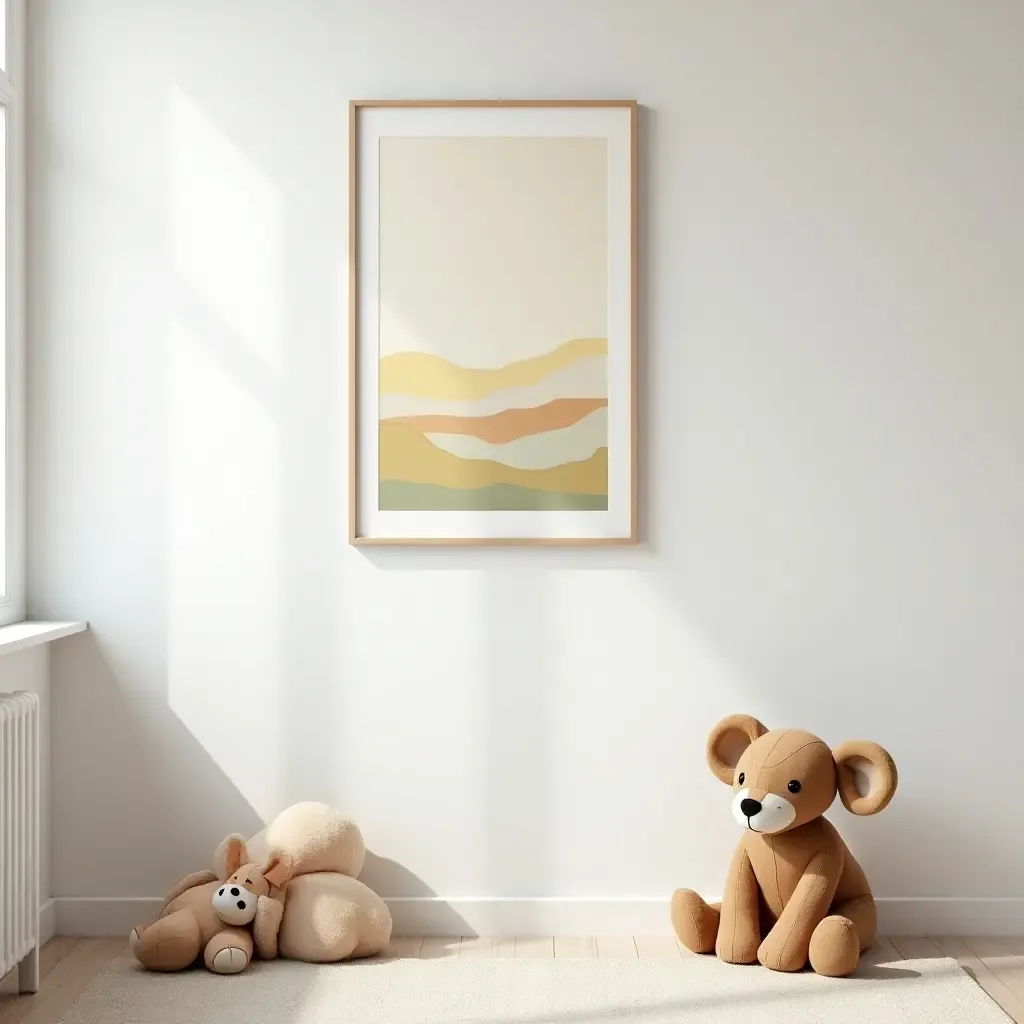 a photo of a stylish accent wall with framed art in a kids&#x27; room