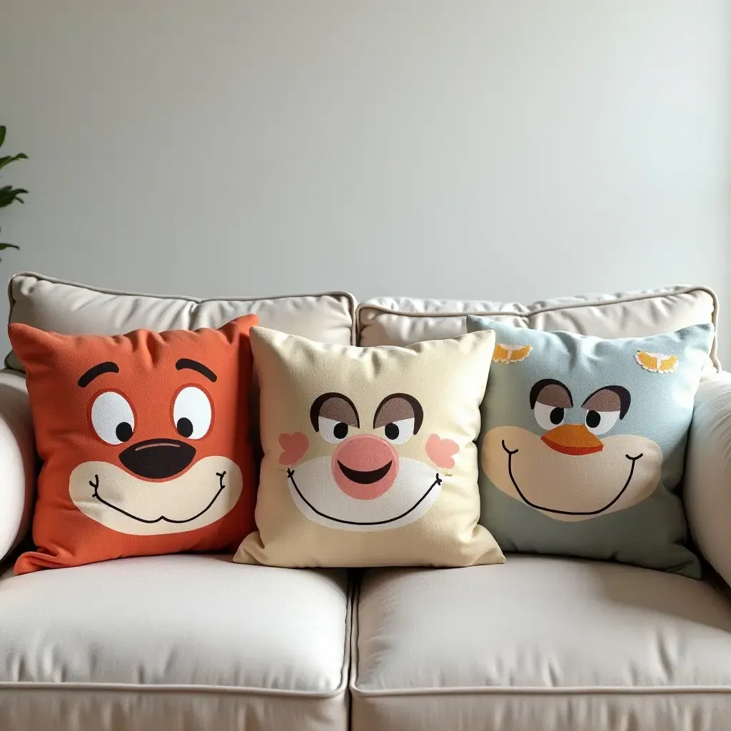 a photo of throw pillows with cartoon characters on a sofa