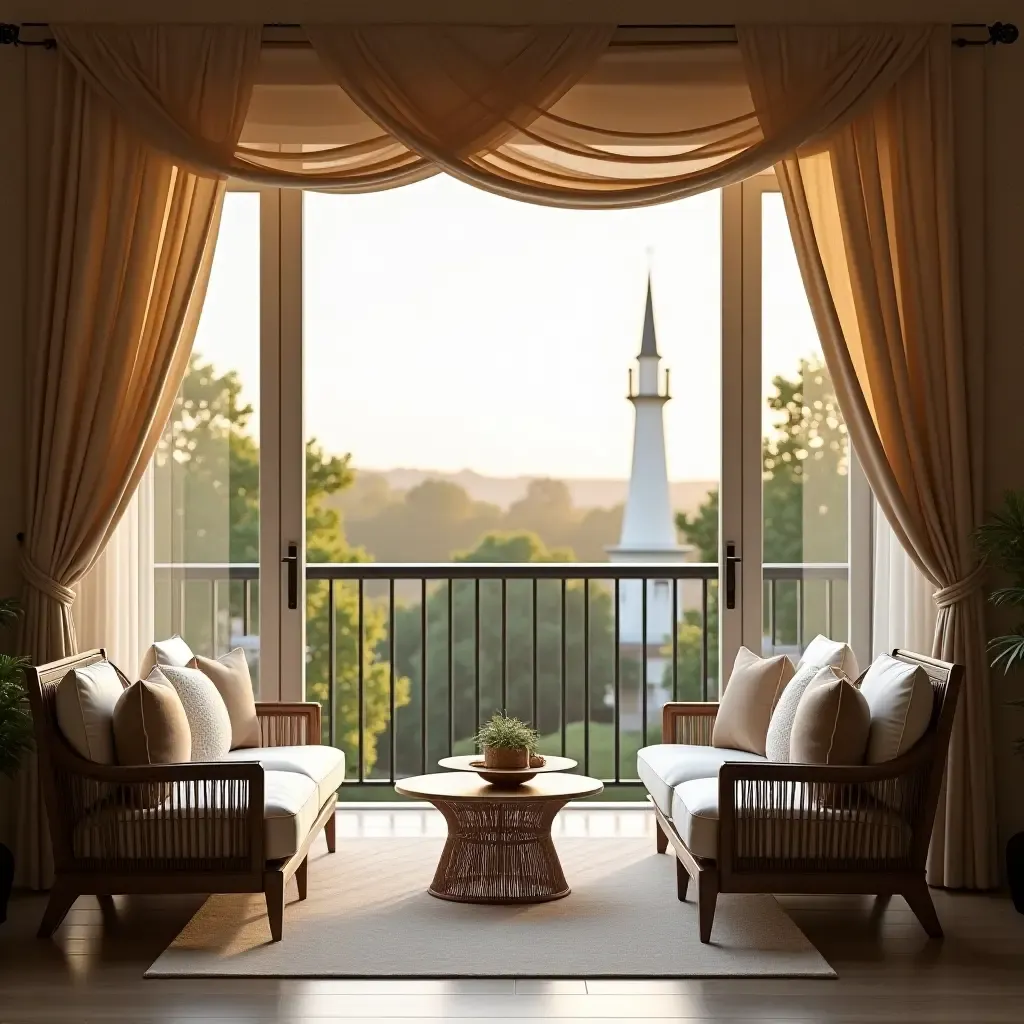 a photo of a balcony decorated with elegant drapes and comfortable seating