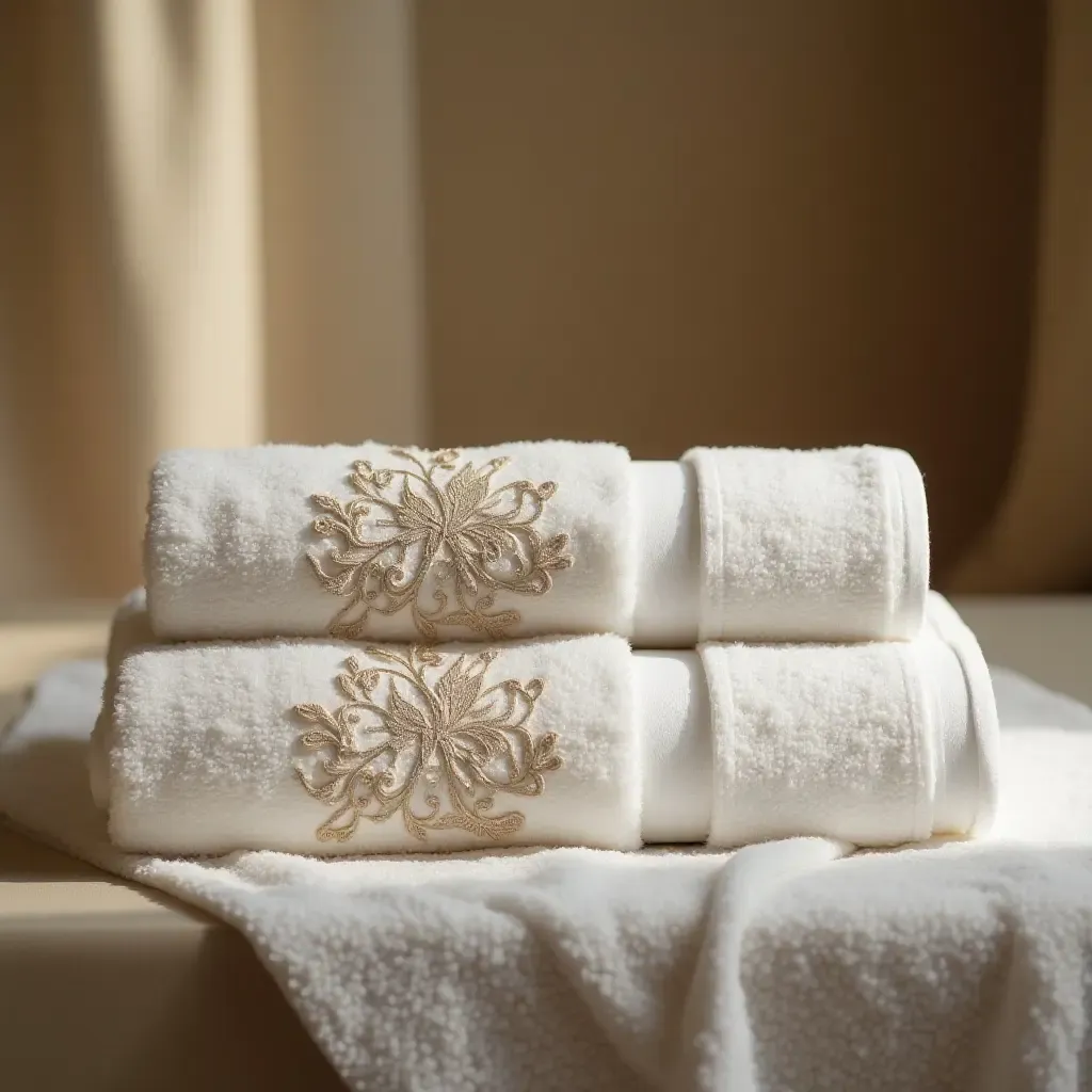 a photo of towels with intricate embroidery in a luxurious setting