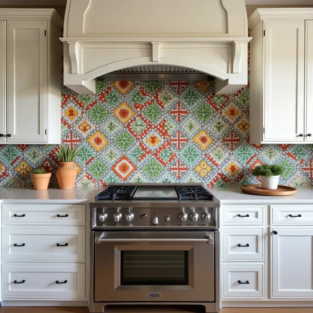 a photo of a colorful cement tile backsplash creating a focal point in a Mediterranean kitchen