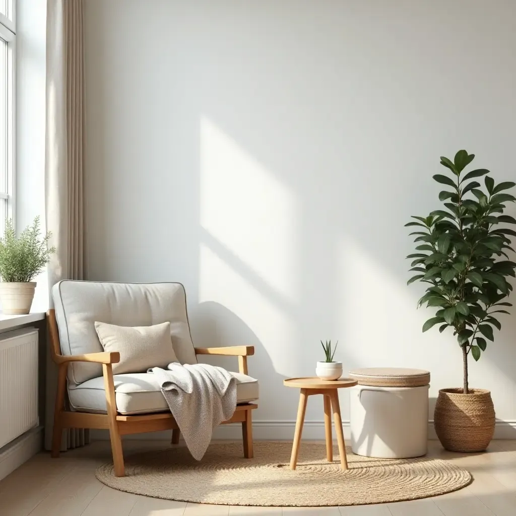 a photo of a light and airy Scandinavian decor with wooden furniture and indoor plants