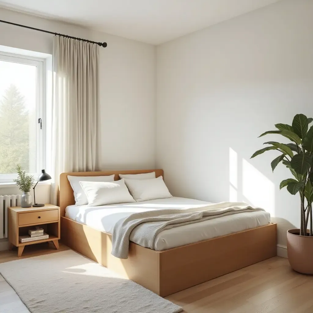 a photo of a bright bedroom featuring a storage bed