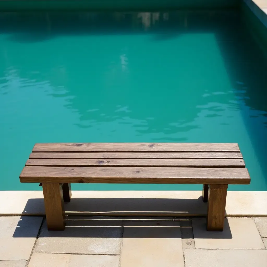 a photo of a weathered wooden bench positioned by the pool