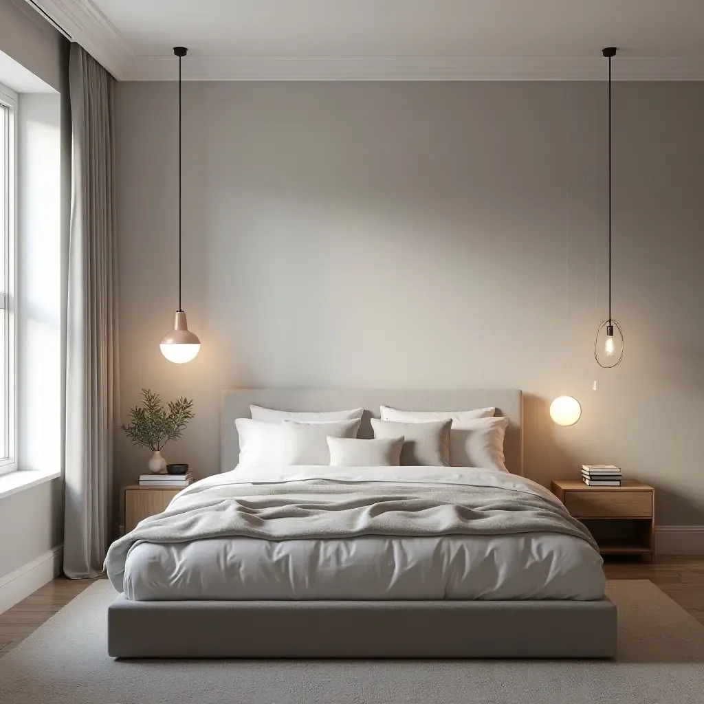 a photo of a modern Scandinavian bedroom featuring a statement light fixture