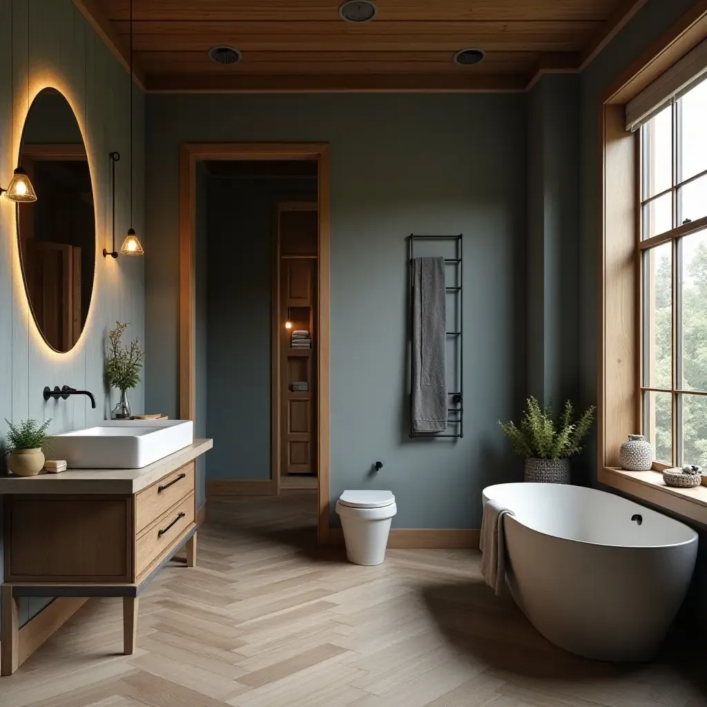 a photo of a rustic blue and brown bathroom with natural wood elements