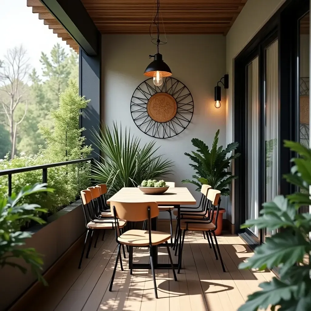 a photo of a balcony with industrial-style wall art and greenery