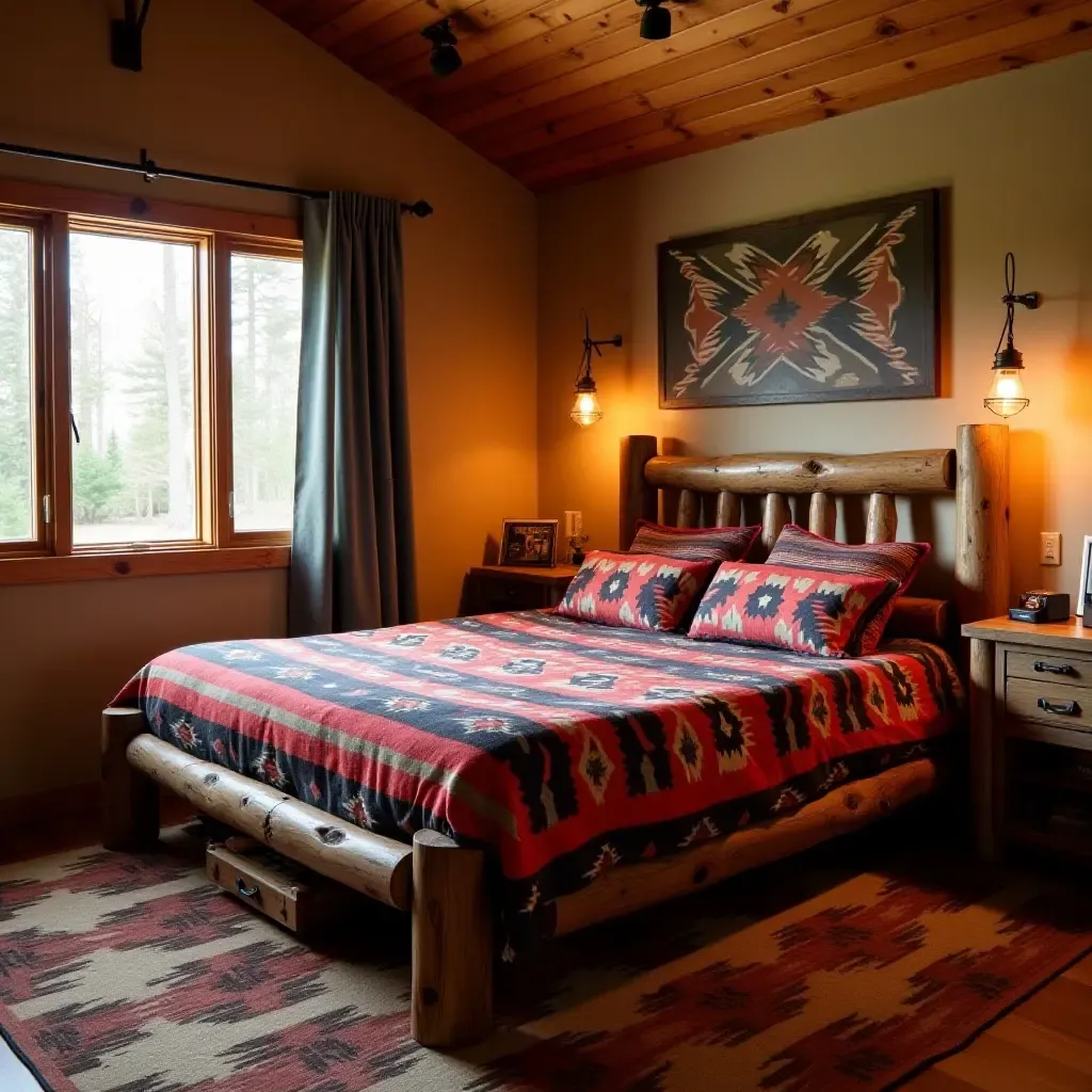 a photo of a cozy bedroom featuring a rustic wood bed and colorful Navajo blankets