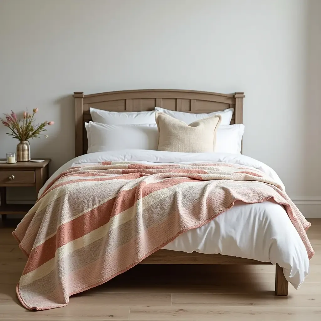 a photo of a handmade quilt draped over a rustic bed frame in soft colors