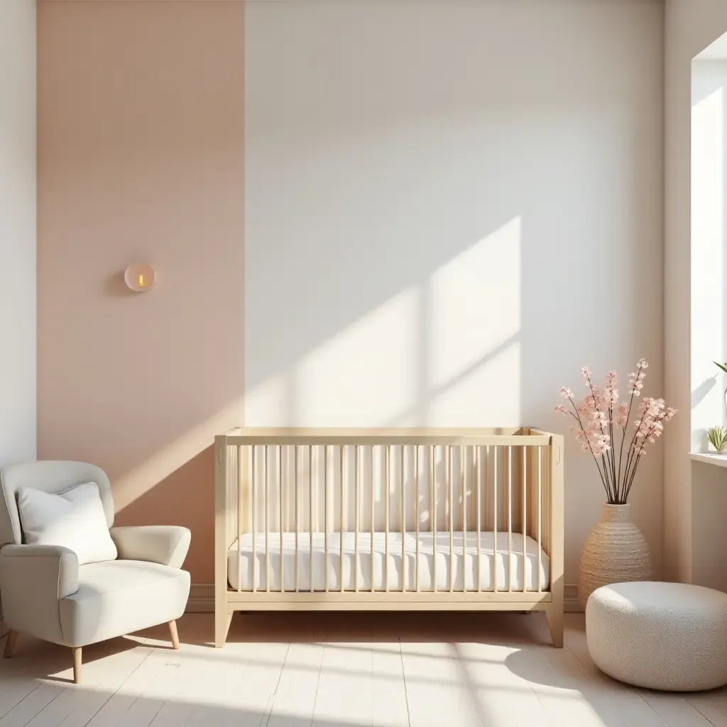 a photo of a modern nursery with pastel colors and minimalist furniture