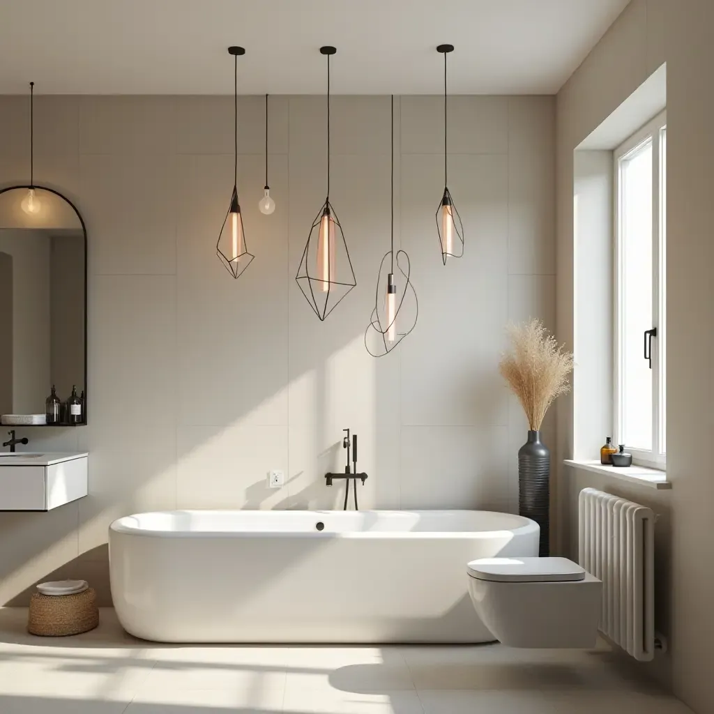 a photo of a minimalist bathroom with geometric pendant lights hanging from the ceiling