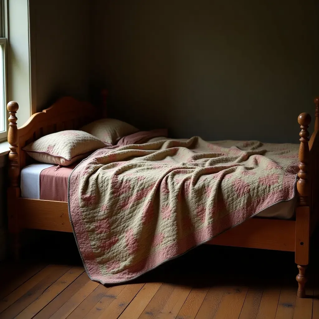 a photo of a vintage quilt draped over a rustic wooden bed