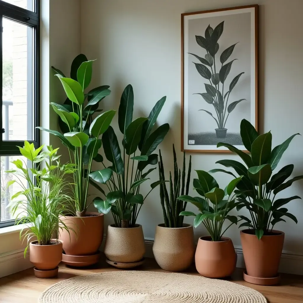 a photo of a chic basement plant corner with lush greenery and decorative pots