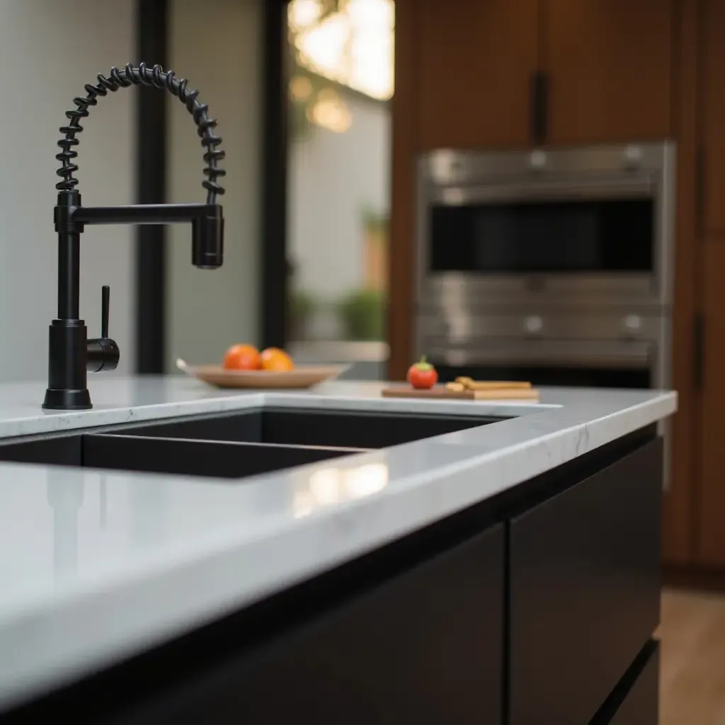 a photo of a sleek countertop with integrated technology for a smart kitchen