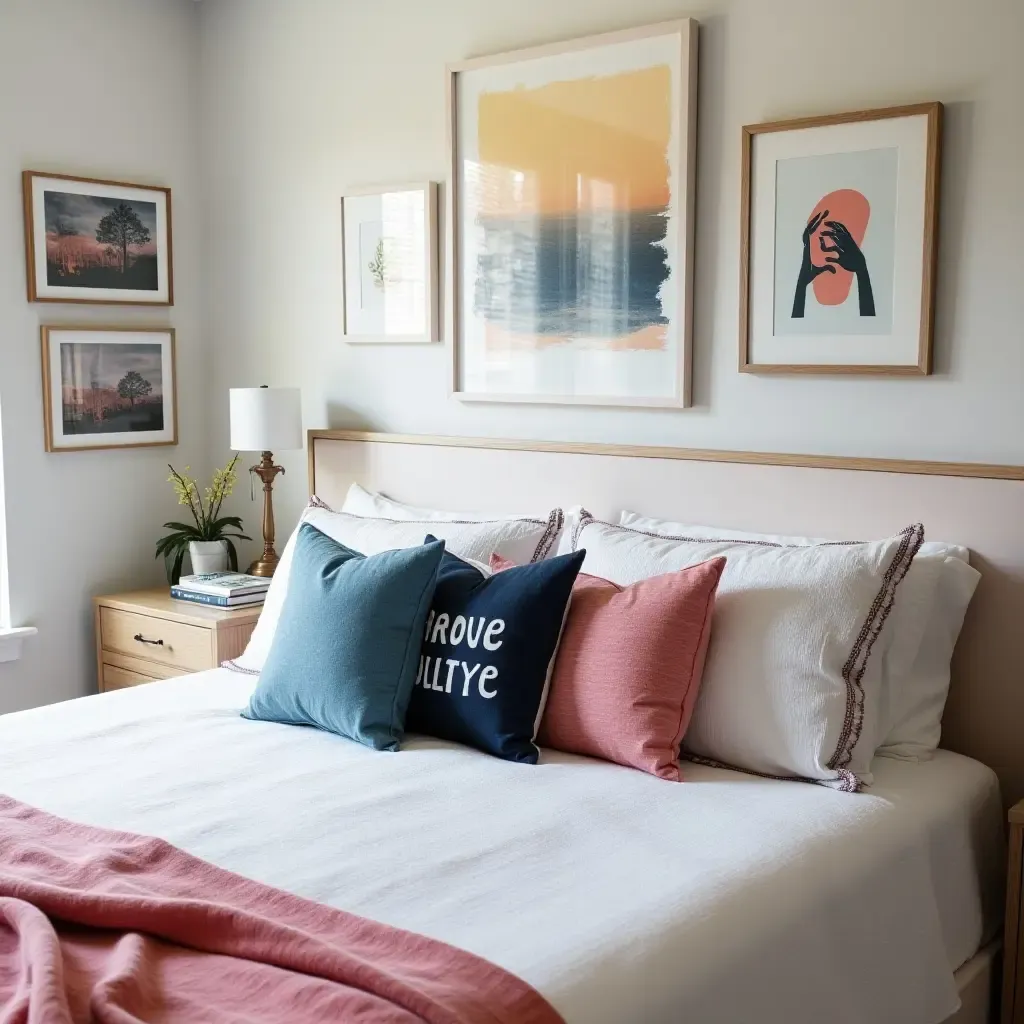 a photo of a teen room with throw pillows that reflect personal interests