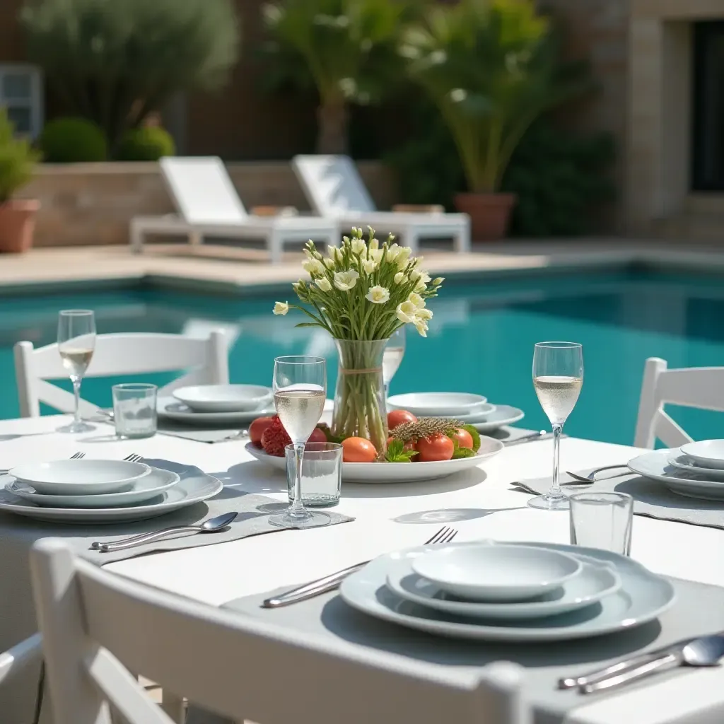 a photo of a beautifully arranged poolside dining setup with elegant tableware