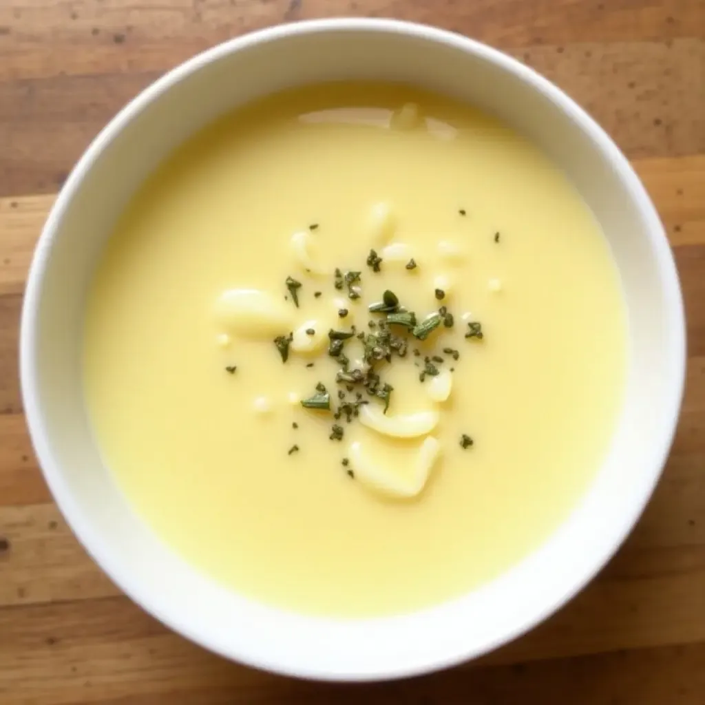 a photo of a bowl of creamy soup garnished with a pinch of French herb blend.