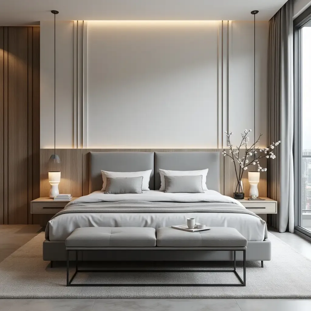 a photo of a contemporary bedroom with a sleek grey headboard and geometric decor