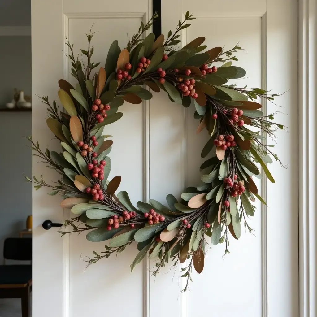 a photo of a handmade wreath hanging on the living room door