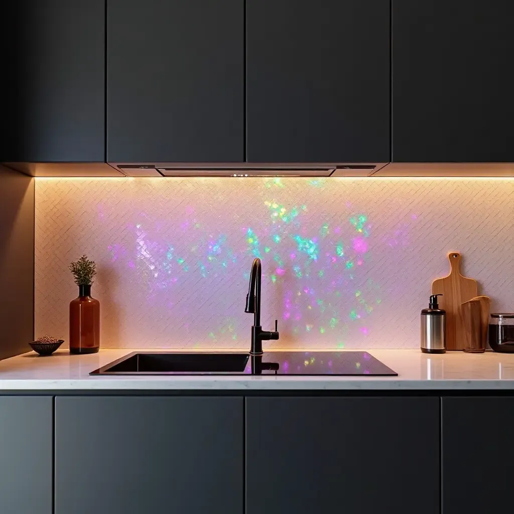 a photo of a stunning iridescent backsplash creating a focal point in a modern kitchen