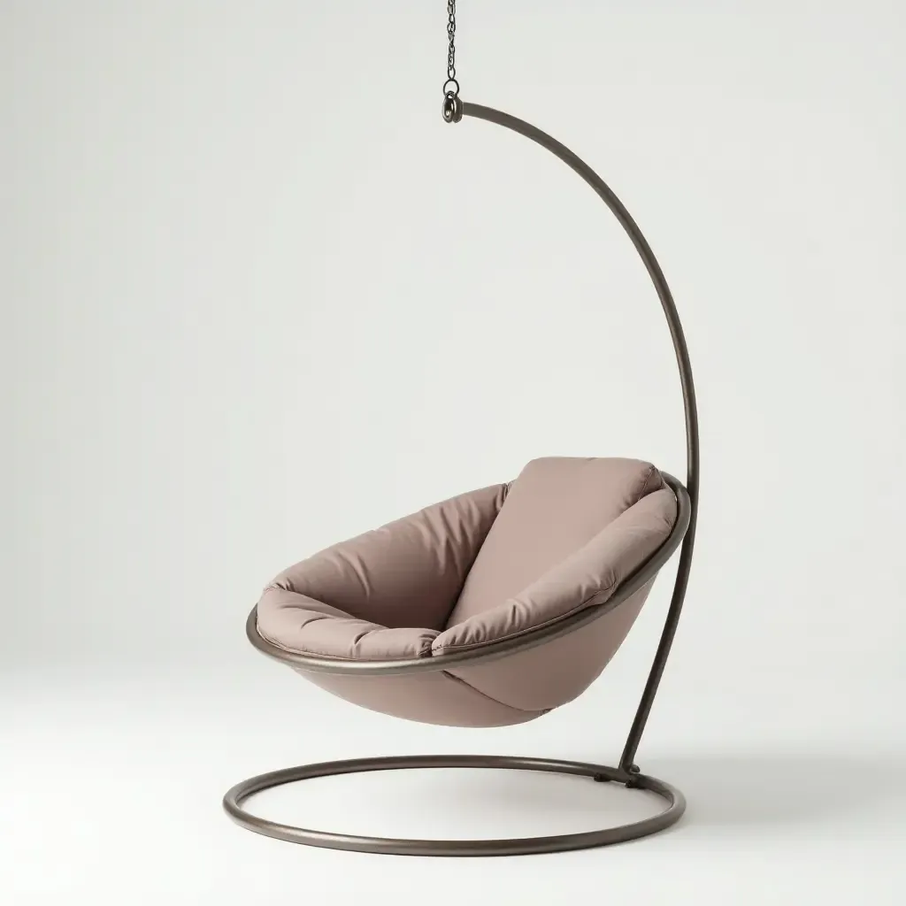 a photo of a contemporary hanging chair with a sleek metal frame