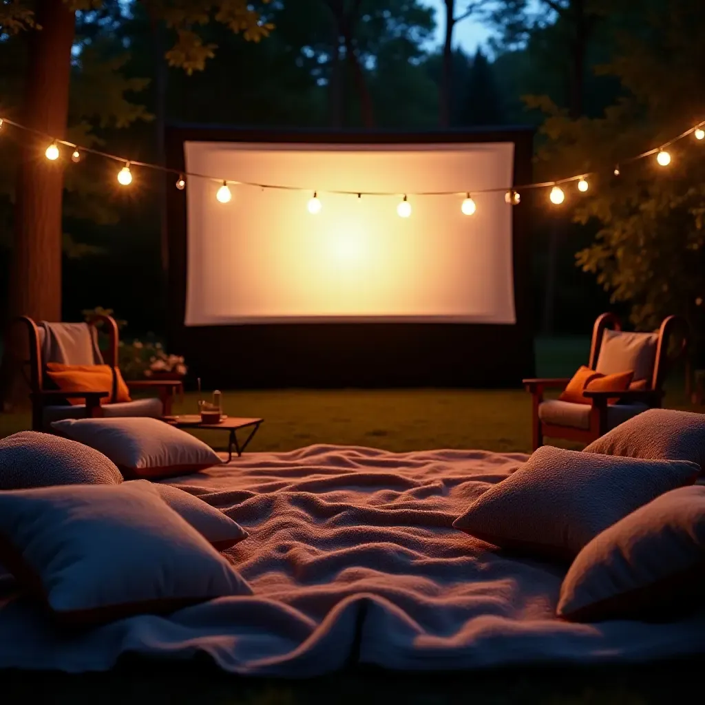 a photo of a cozy outdoor movie night setup with blankets and pillows