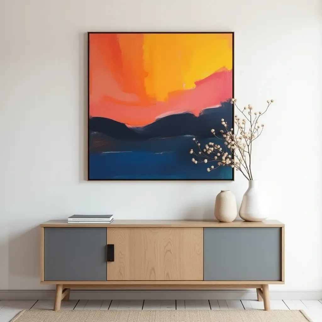 a photo of an abstract painting with bold colors above a console table