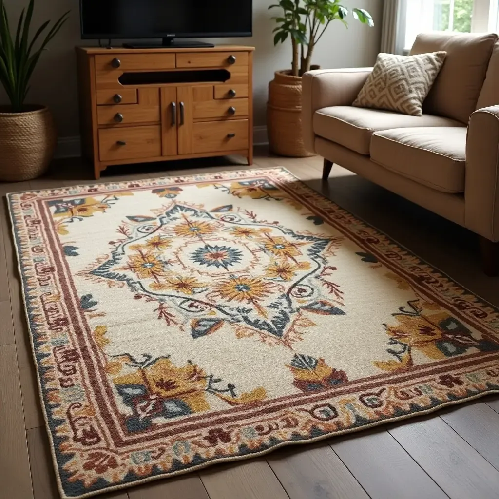 a photo of a cozy rug with celestial patterns and earthy tones