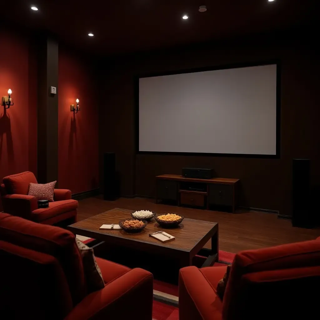 a photo of a basement with a cozy movie-watching setup and snacks