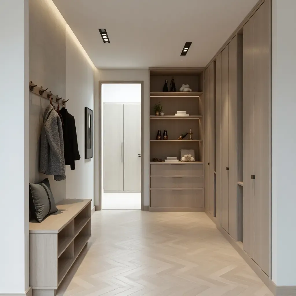 a photo of a chic corridor with a stylish coat rack and open shelving