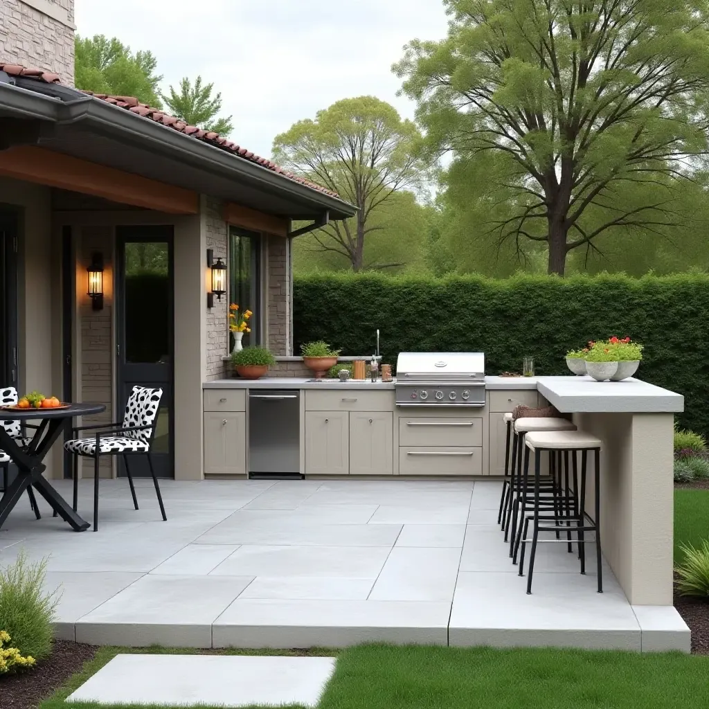 a photo of a concrete patio with an outdoor kitchen setup and bar stools