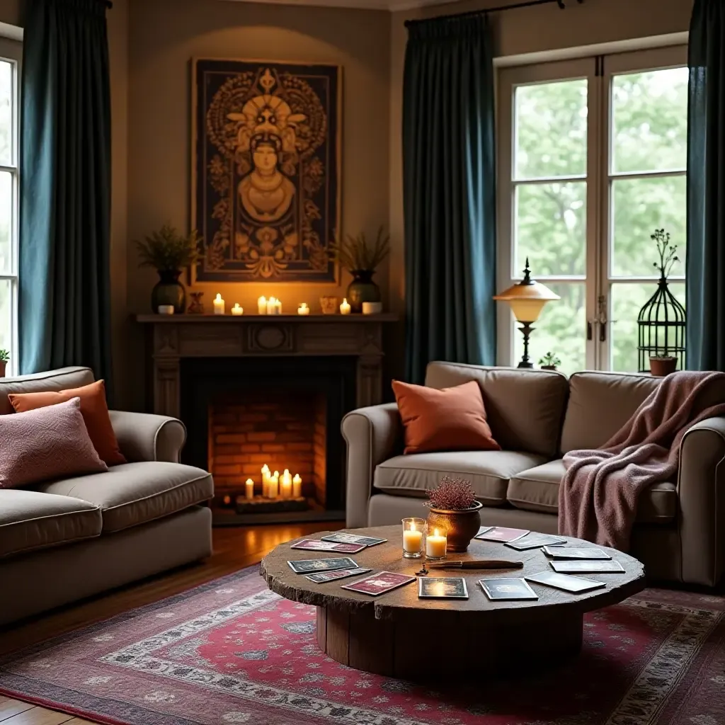 a photo of a living room featuring a tarot card display and altar