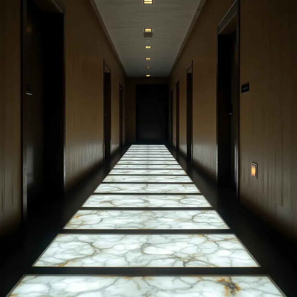 a photo of a corridor featuring illuminated floor tiles