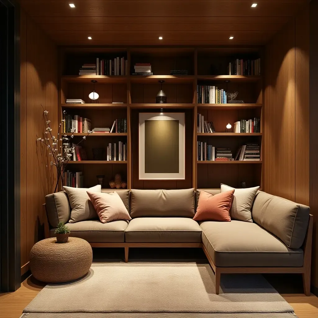 a photo of a cozy reading nook in a basement with wood