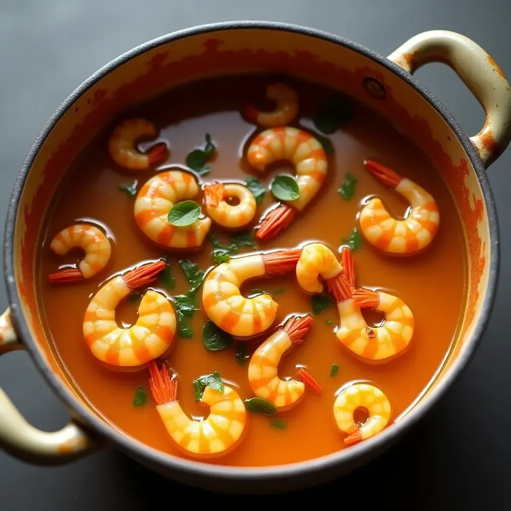 a photo of Thai coconut milk and galangal-infused seafood stew in a pot.