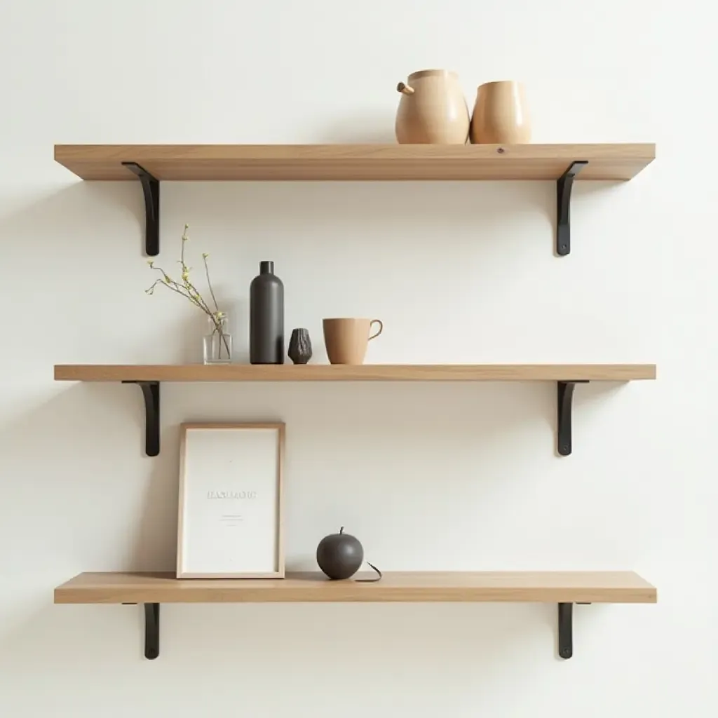 a photo of a wooden wall shelf with decorative items