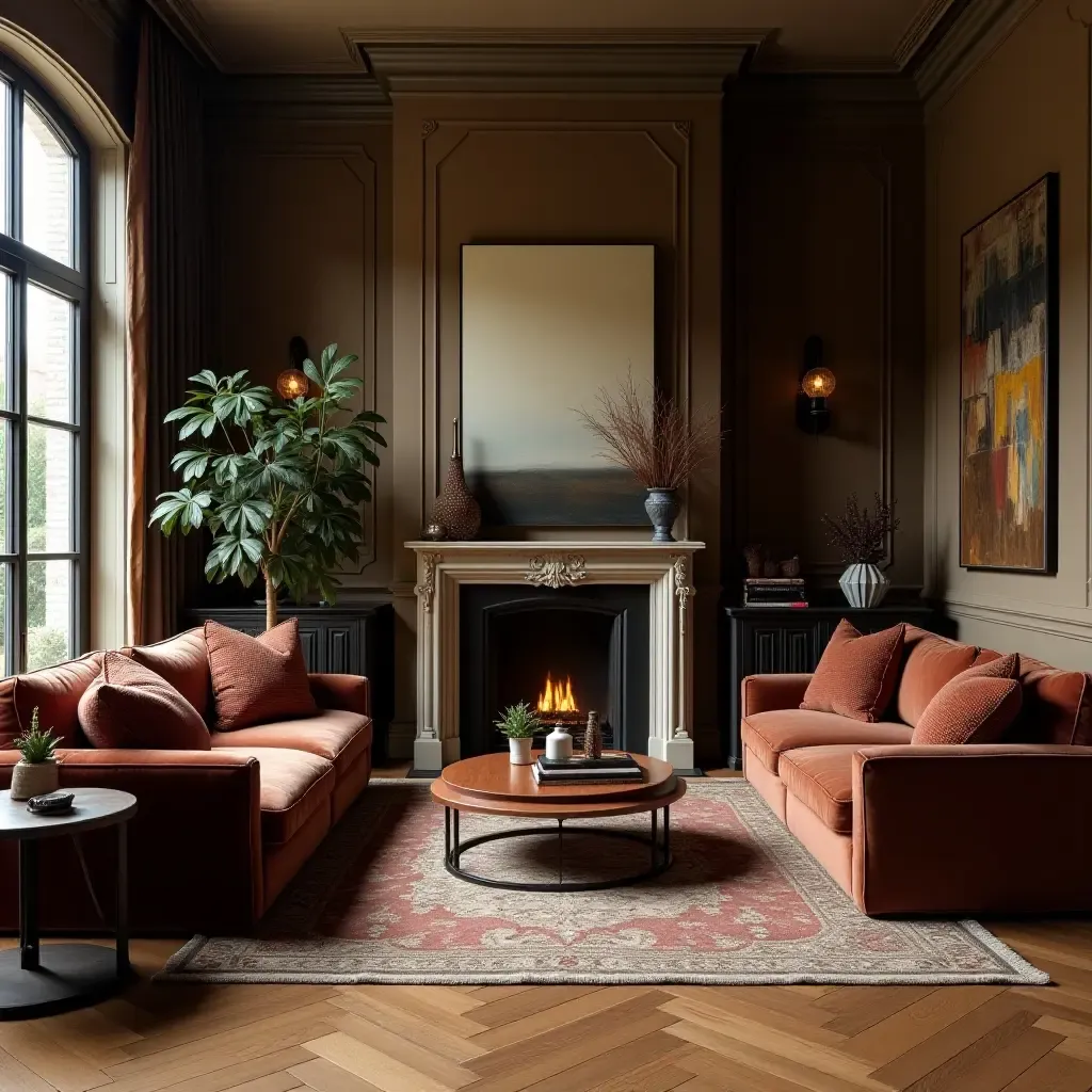 a photo of a vintage-inspired living room with velvet upholstery, wooden floors, and leather decor