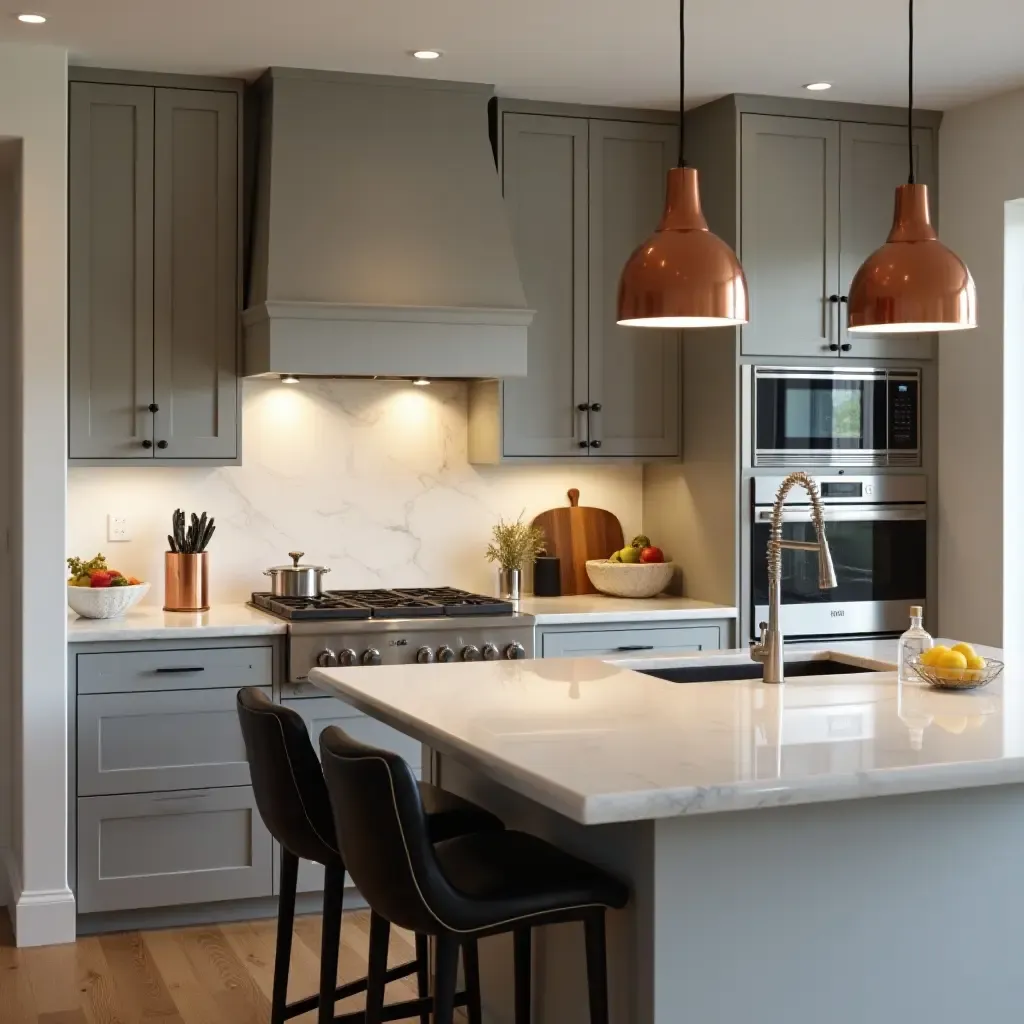 a photo of a sleek kitchen with copper pendant lights