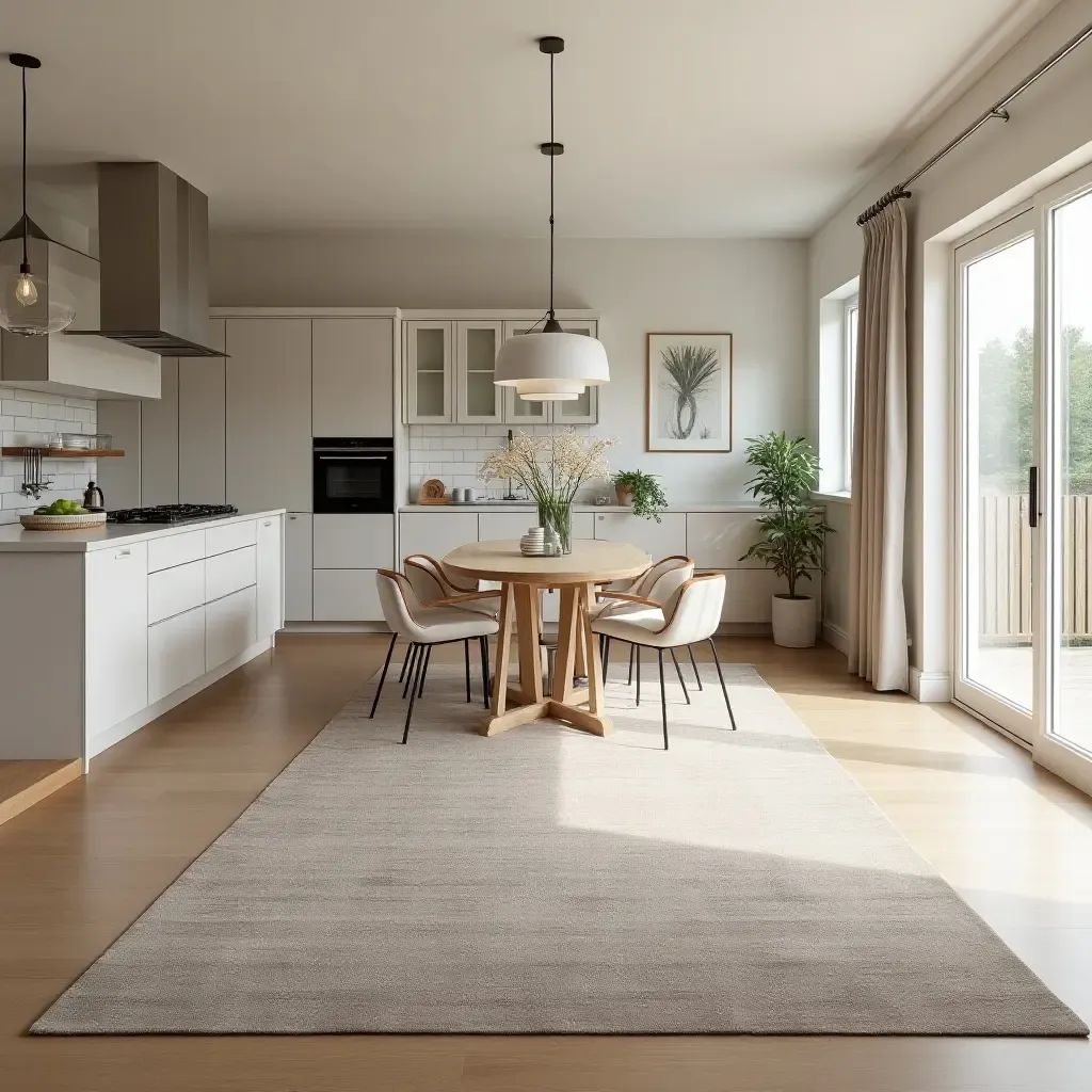 a photo of a spacious kitchen with a large area rug