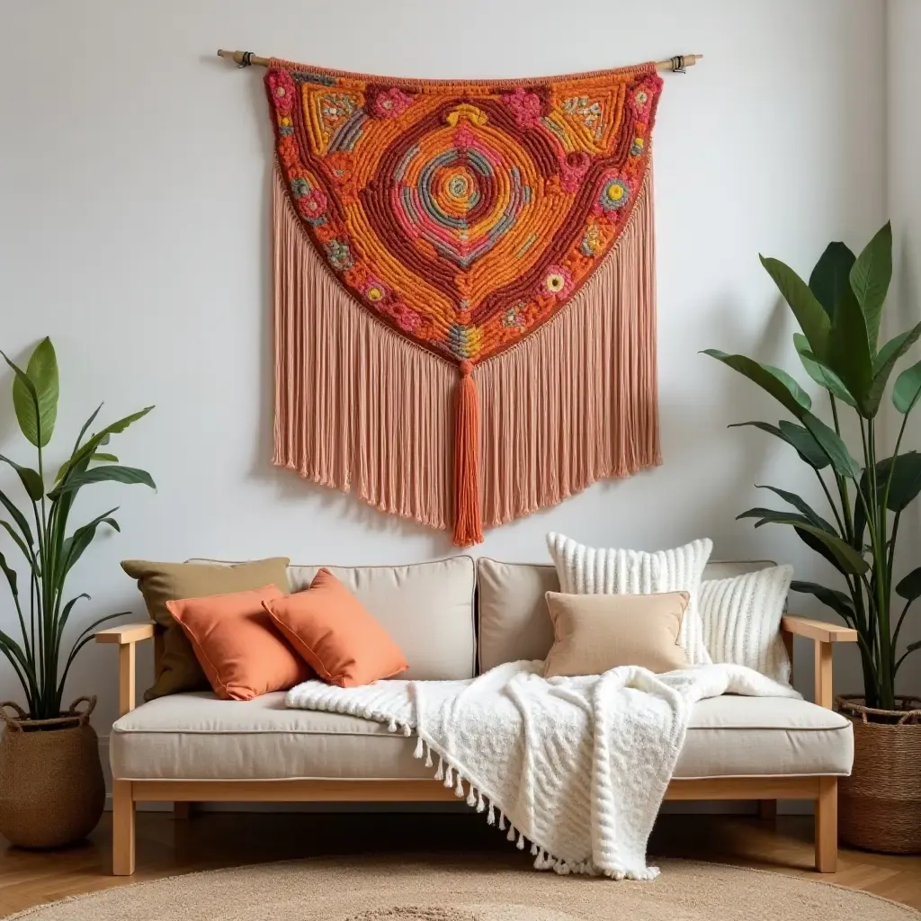 a photo of a vibrant macramé wall hanging in a boho living room