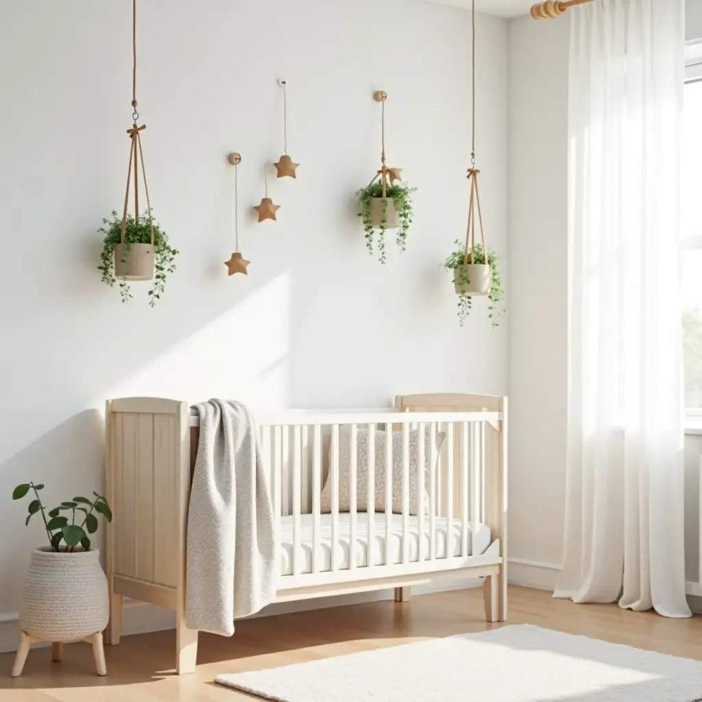 a photo of a minimalist nursery with hanging plants and wooden accents