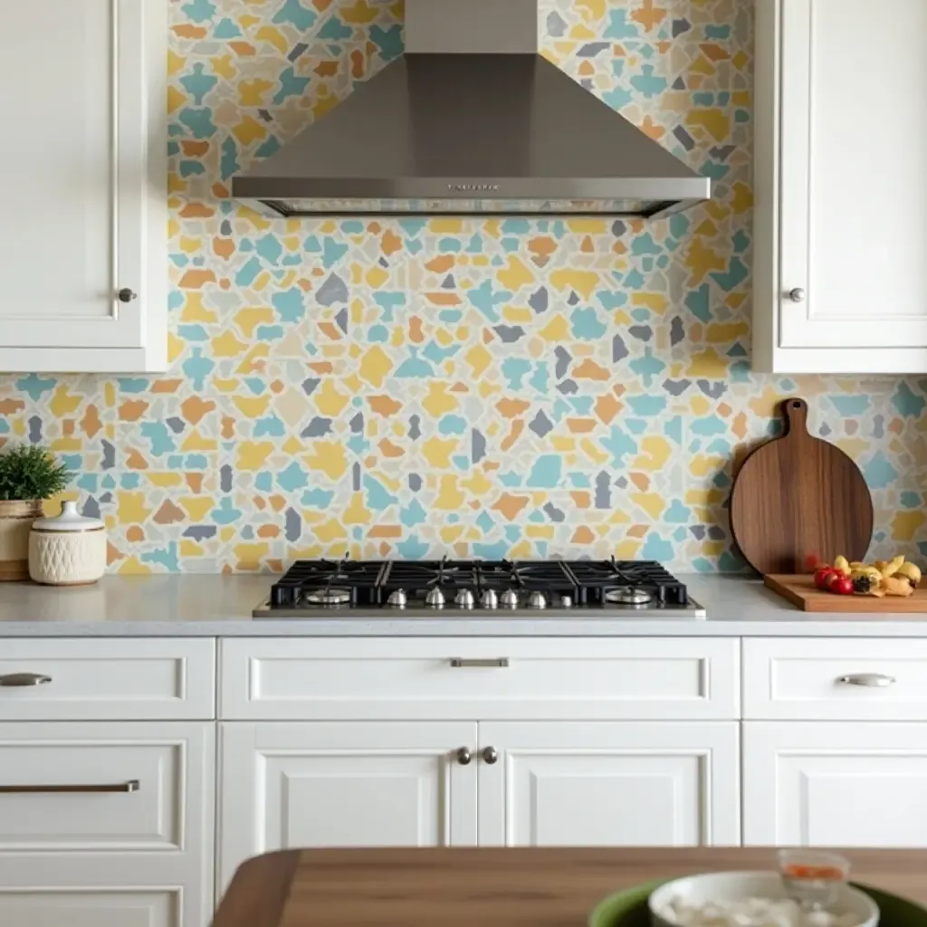 a photo of a colorful geometric tile backsplash in a modern kitchen