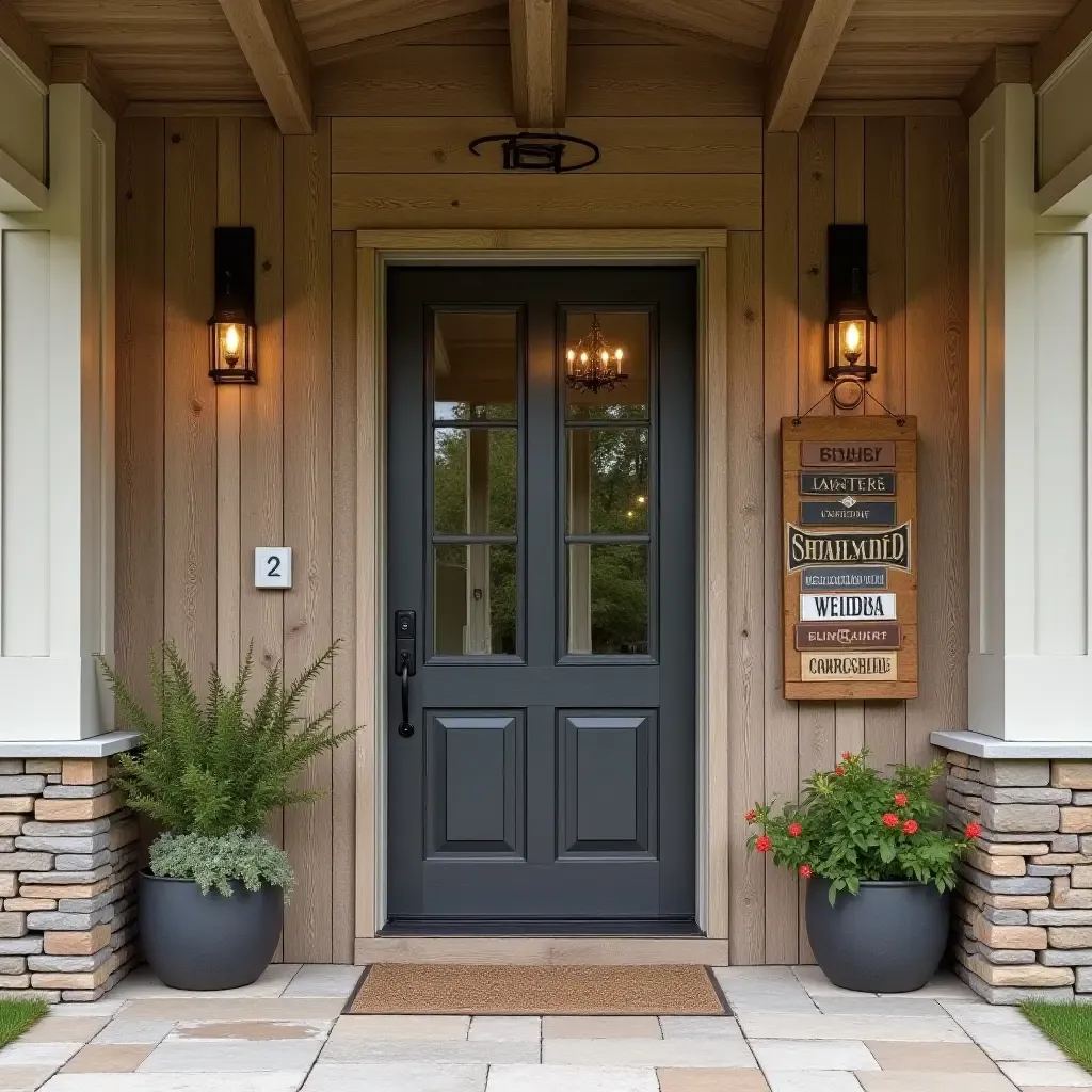 a photo of a farmhouse-style entrance with reclaimed wood and vintage signs